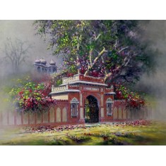 Hanif Shahzad, Mohatta Palace Gate I - Karachi, 21 x 28 Inch, Oil on Canvas, Landscape Painting, AC-HNS-121